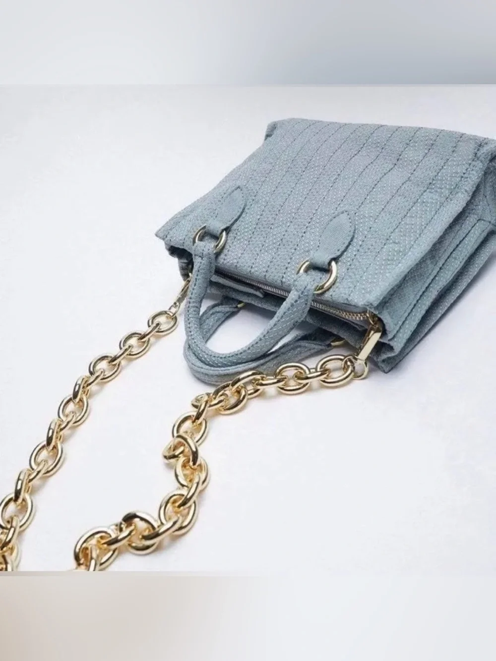 ZARA Light Blue Small Satchel Top Handle Zip Bag Gold Hardware Detachable Strap
